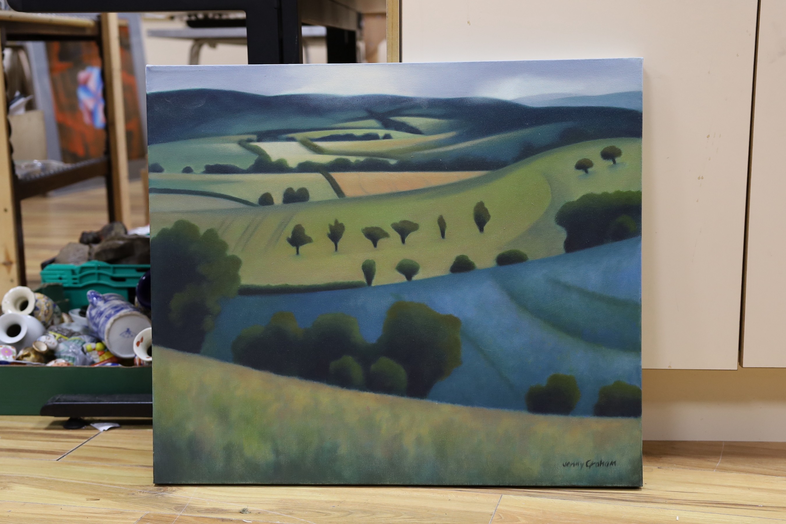 Jenny Graham (b.1946), oil on canvas, 'Blue field at Monksilver', signed with Sadler Street Gallery label verso, 60 x 70cm, unframed